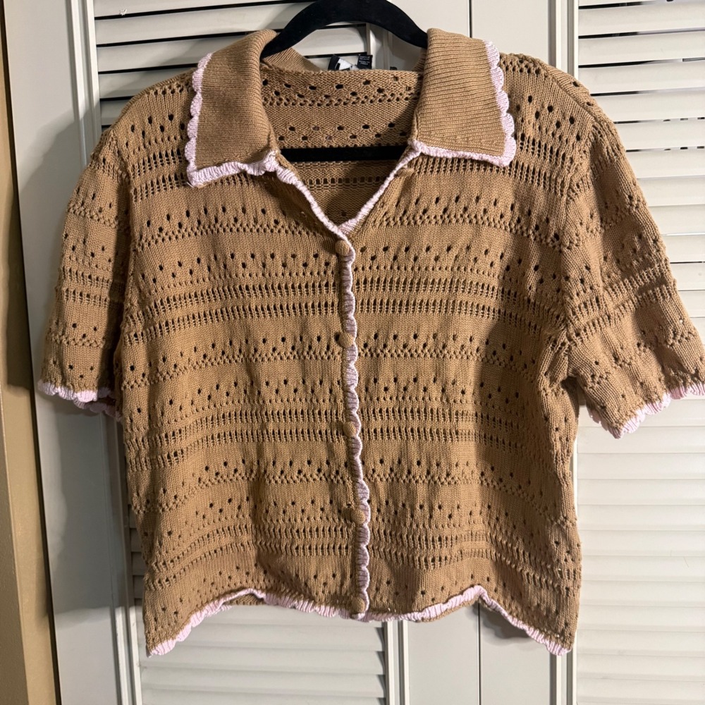 NVLT Womens XL Tan Pointelle Knit Cardigan Pink Scallop Trim Cotton Grandma